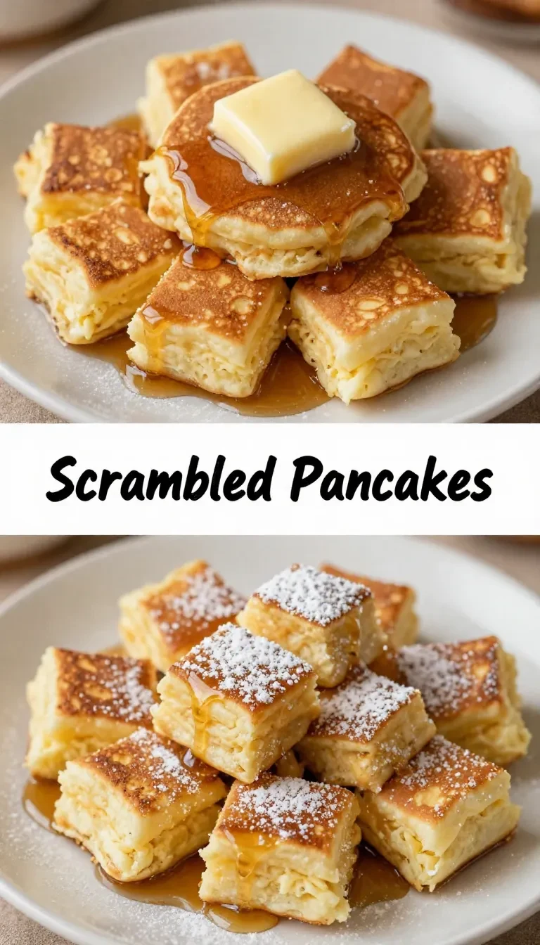 A plate of scrambled pancakes topped with fresh berries and powdered sugar.