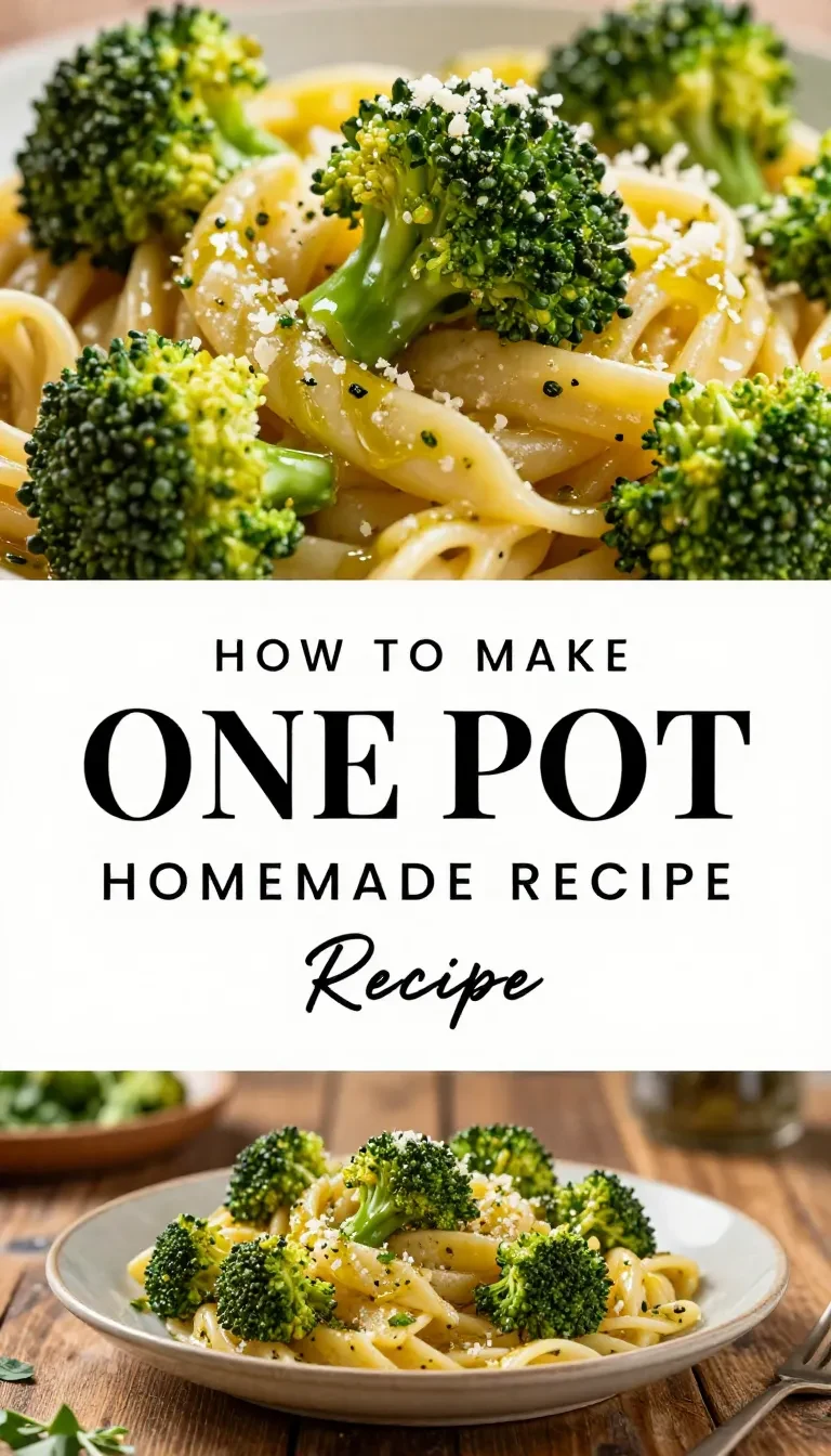 A bowl of creamy one-pot broccoli pasta served on a wooden table.
