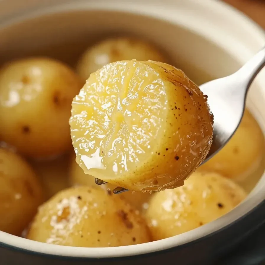 A crock pot filled with swamp potatoes simmering in broth.