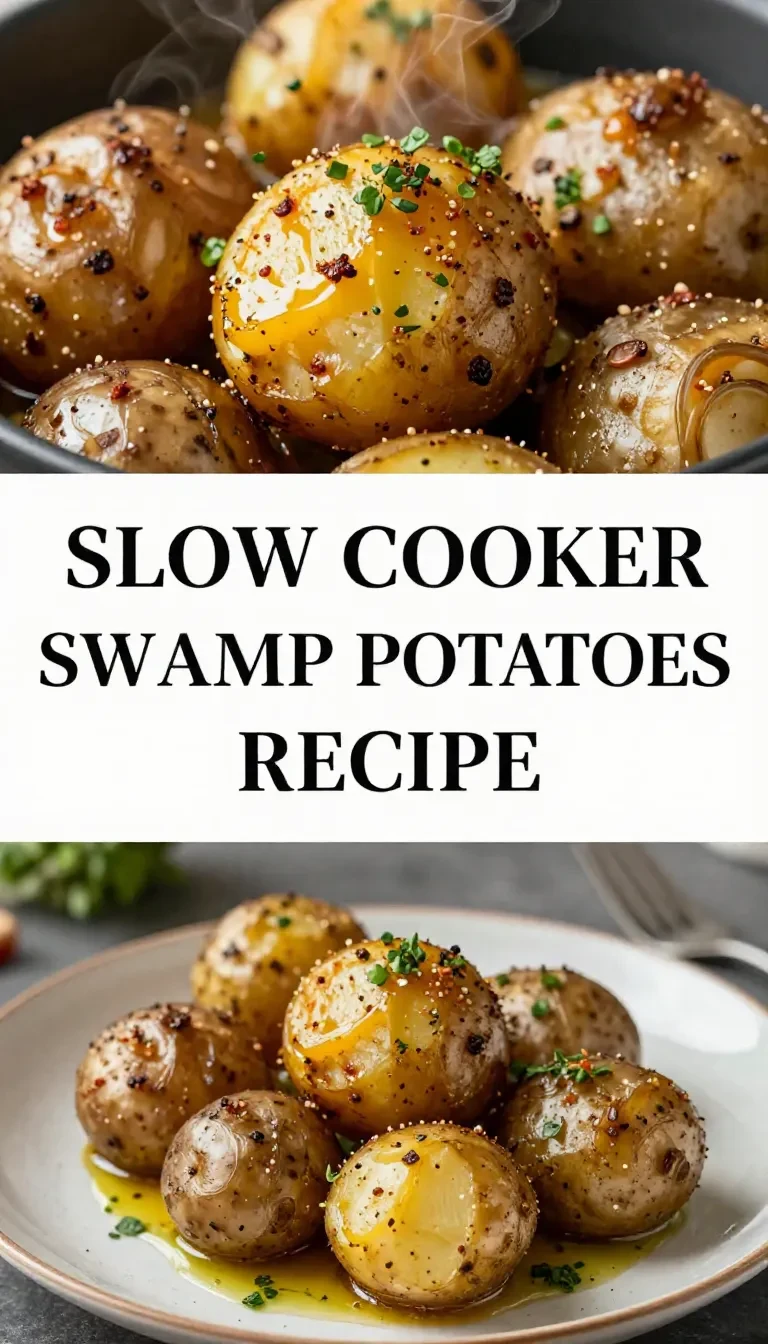 A crock pot filled with swamp potatoes simmering in broth.