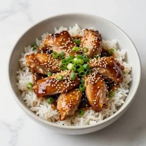 A close-up of a Teriyaki Turkey Rice Bowl garnished with sesame seeds and green onions.