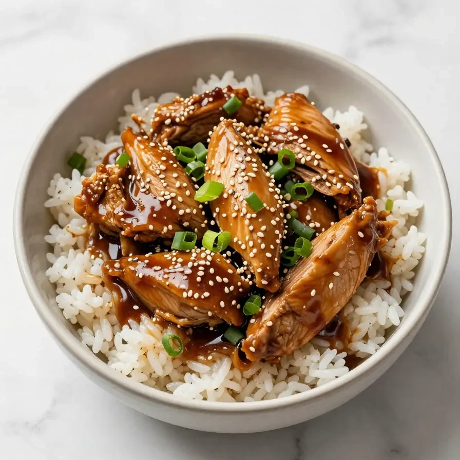 A close-up of a Teriyaki Turkey Rice Bowl garnished with sesame seeds and green onions.