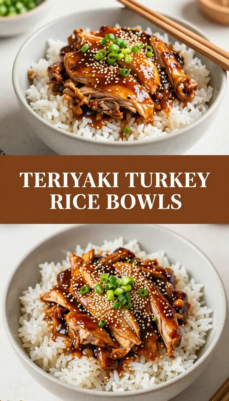 A close-up of a Teriyaki Turkey Rice Bowl garnished with sesame seeds and green onions.