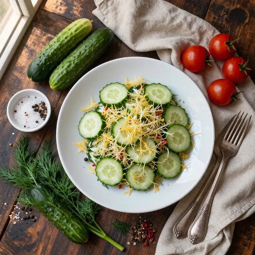 A fresh cucumber dill salad served in a white bowl, garnished with chopped dill and a sprinkle of black pepper.
