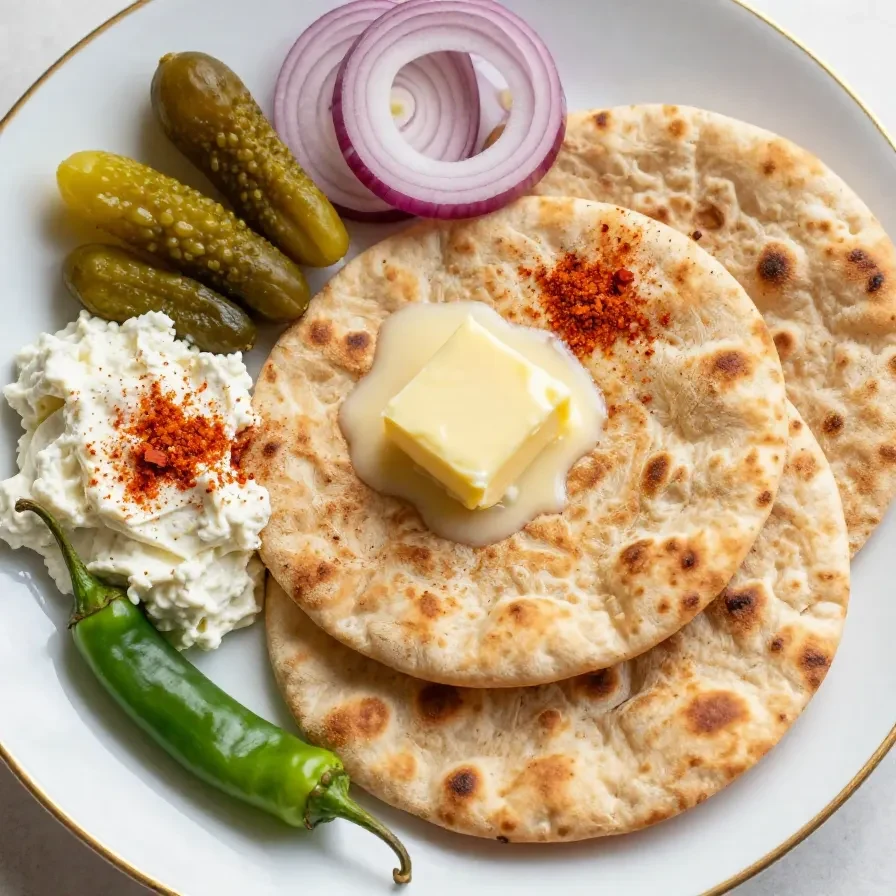 A close-up view of a freshly cooked aloo paratha served on a plate with butter on top.