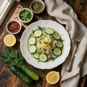 A refreshing cucumber dill salad served in a white bowl.