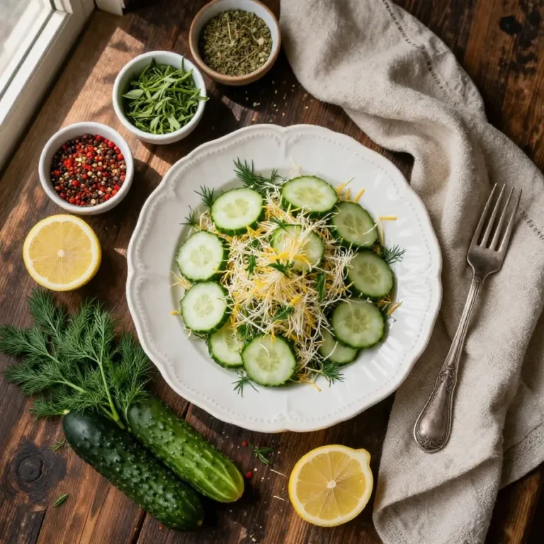 A refreshing cucumber dill salad served in a white bowl.