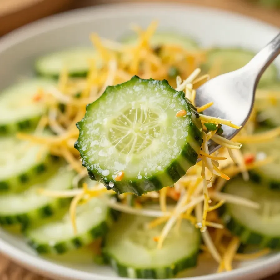 A fresh cucumber dill salad served in a white bowl, garnished with chopped dill and a sprinkle of black pepper.