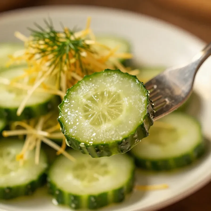 A refreshing cucumber dill salad served in a white bowl.