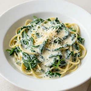 A bowl of freshly made spinach pasta garnished with Parmesan cheese and herbs.