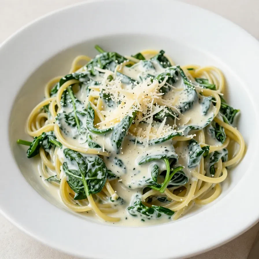 A bowl of freshly made spinach pasta garnished with Parmesan cheese and herbs.