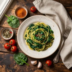 A bowl of freshly cooked spinach pasta garnished with parmesan cheese.