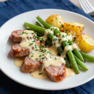 A rustic dish featuring swamp potatoes and sausage served in a cast iron skillet.