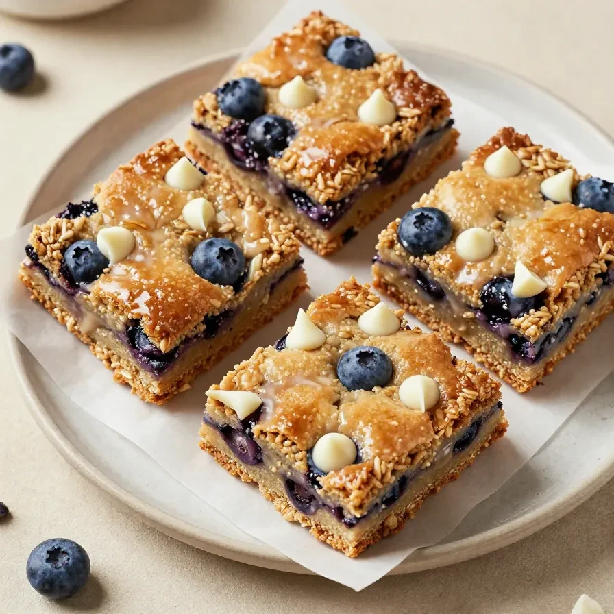 Close-up of a freshly baked blueberry breakfast casserole topped with golden crust.