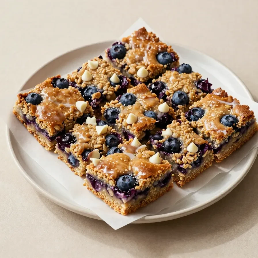 Close-up of a freshly baked blueberry breakfast casserole topped with golden crust.