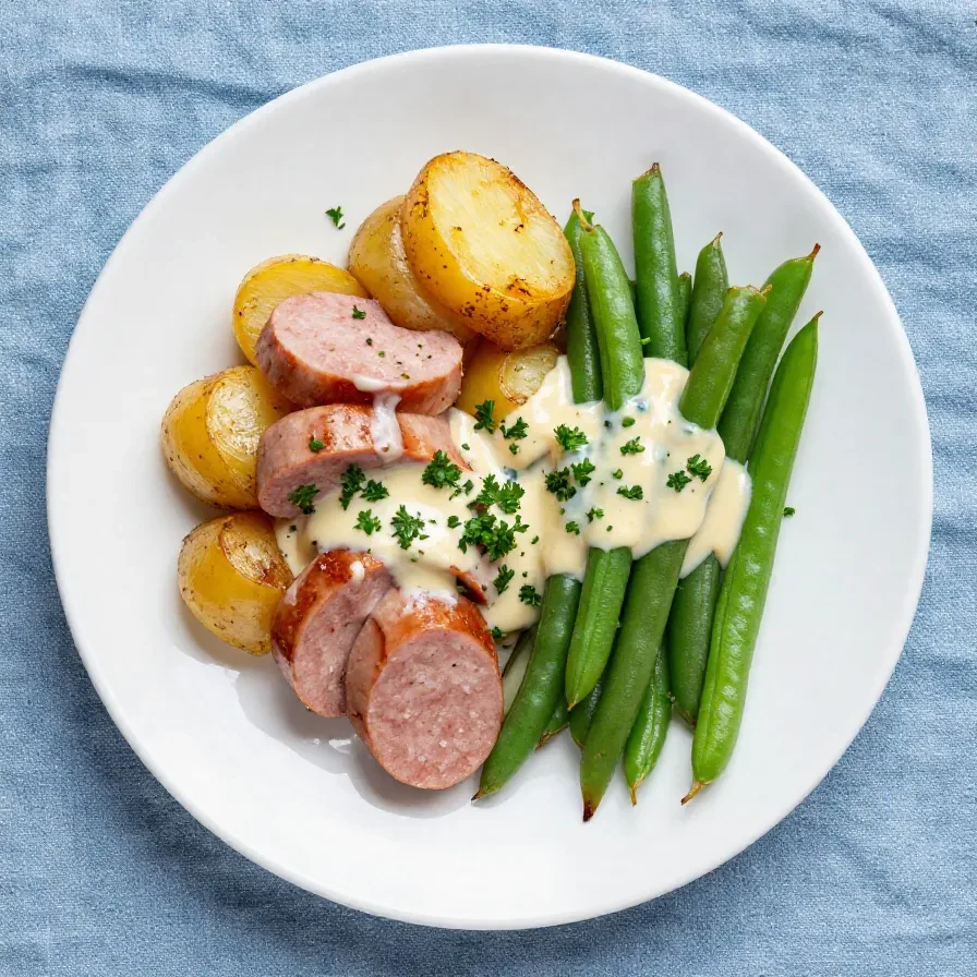 A rustic dish featuring swamp potatoes and sausage served in a cast iron skillet.