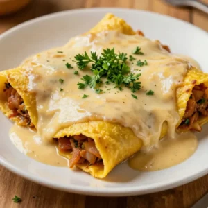 A plate of breakfast enchiladas topped with creamy sausage gravy and garnished with fresh herbs.