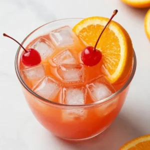 A glass pitcher filled with Shirley Temple Party Punch surrounded by fresh cherries and orange slices.