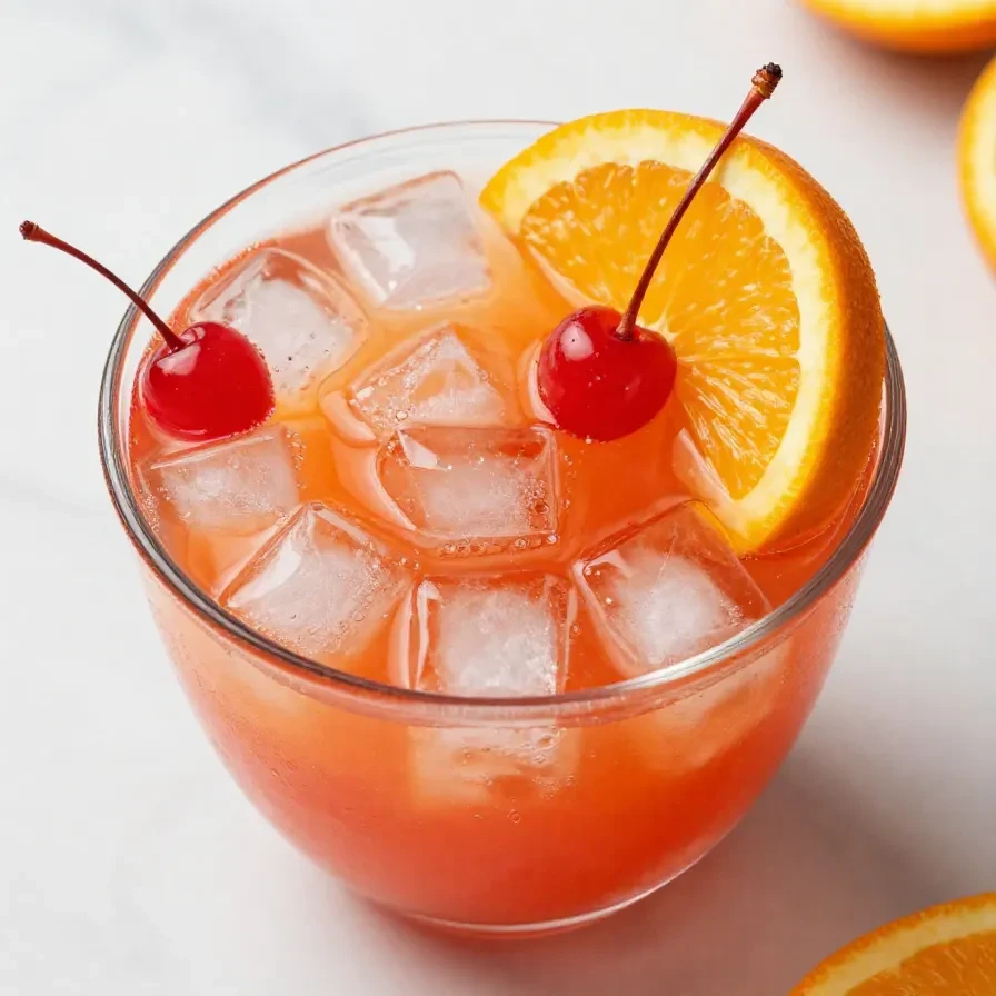 A glass pitcher filled with Shirley Temple Party Punch surrounded by fresh cherries and orange slices.