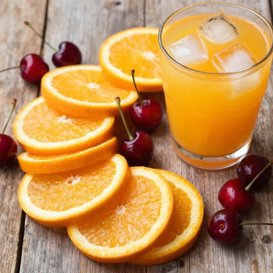 A refreshing glass of Shirley Temple party punch garnished with cherries and orange slices.