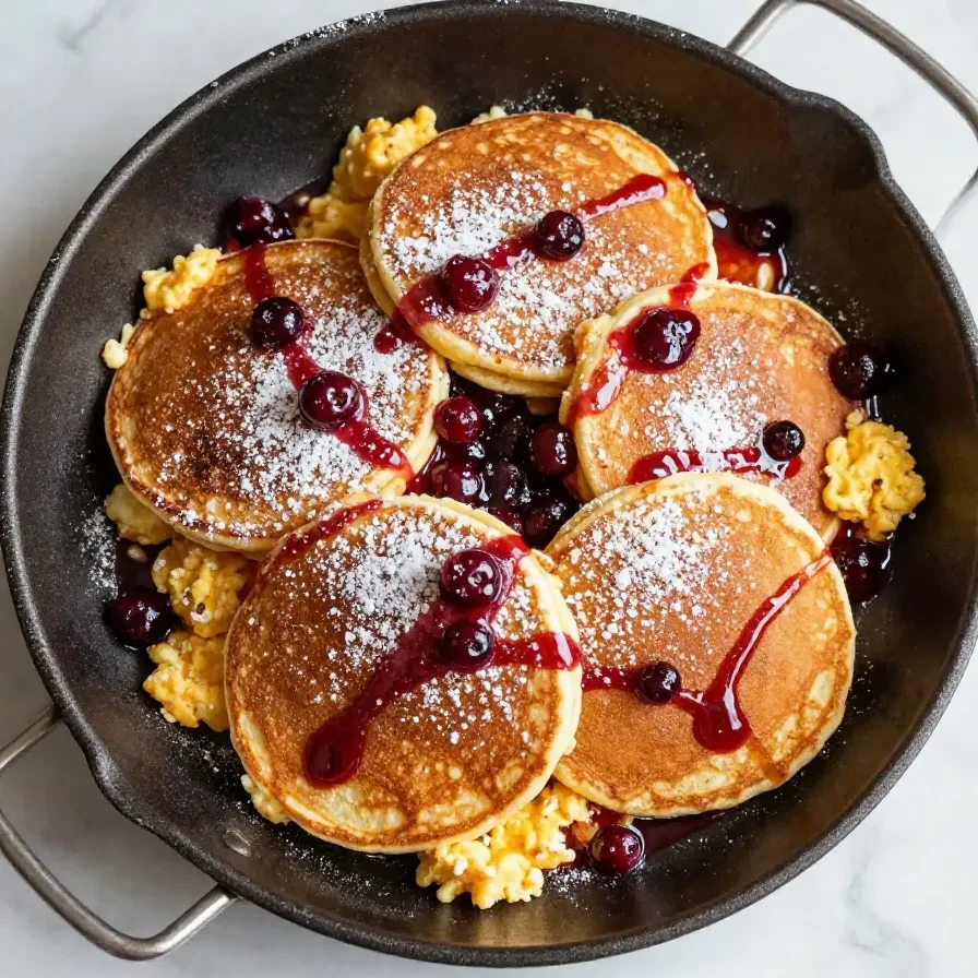 Close-up of a plate of scrambled pancakes topped with fresh berries and syrup.