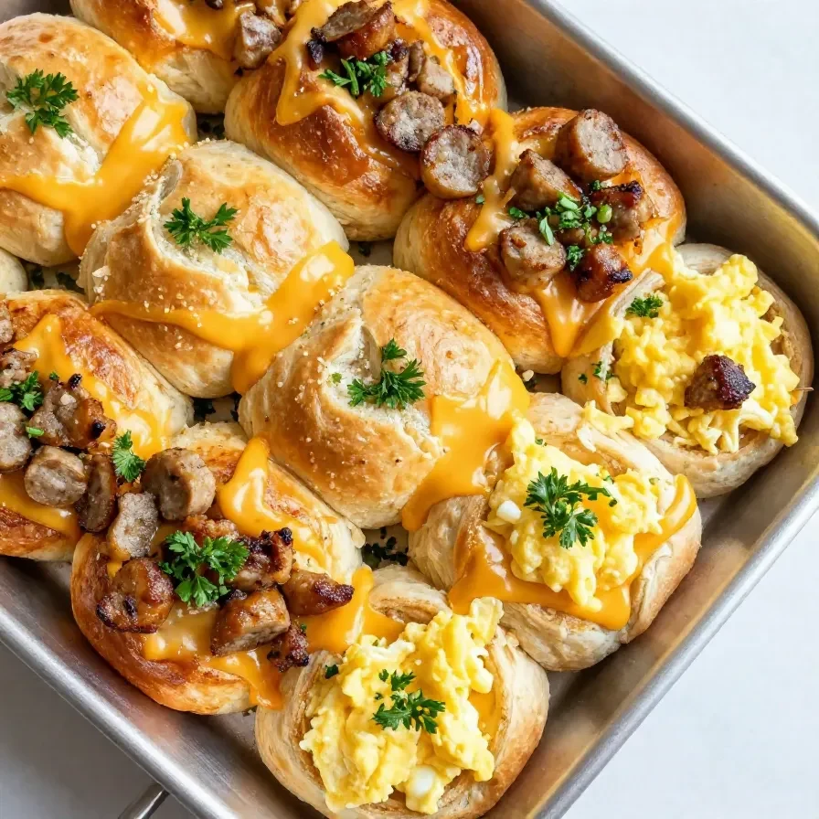 A close-up of freshly baked breakfast rolls on a wooden table.