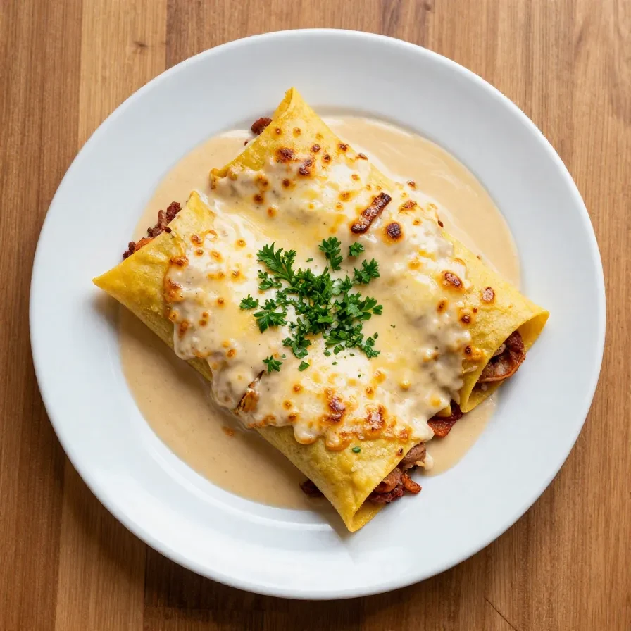 A plate of breakfast enchiladas topped with creamy sausage gravy and garnished with fresh herbs.