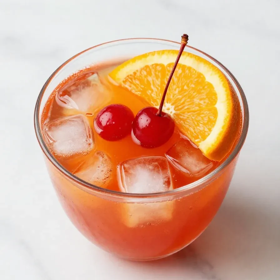 A glass pitcher filled with Shirley Temple Party Punch surrounded by fresh cherries and orange slices.