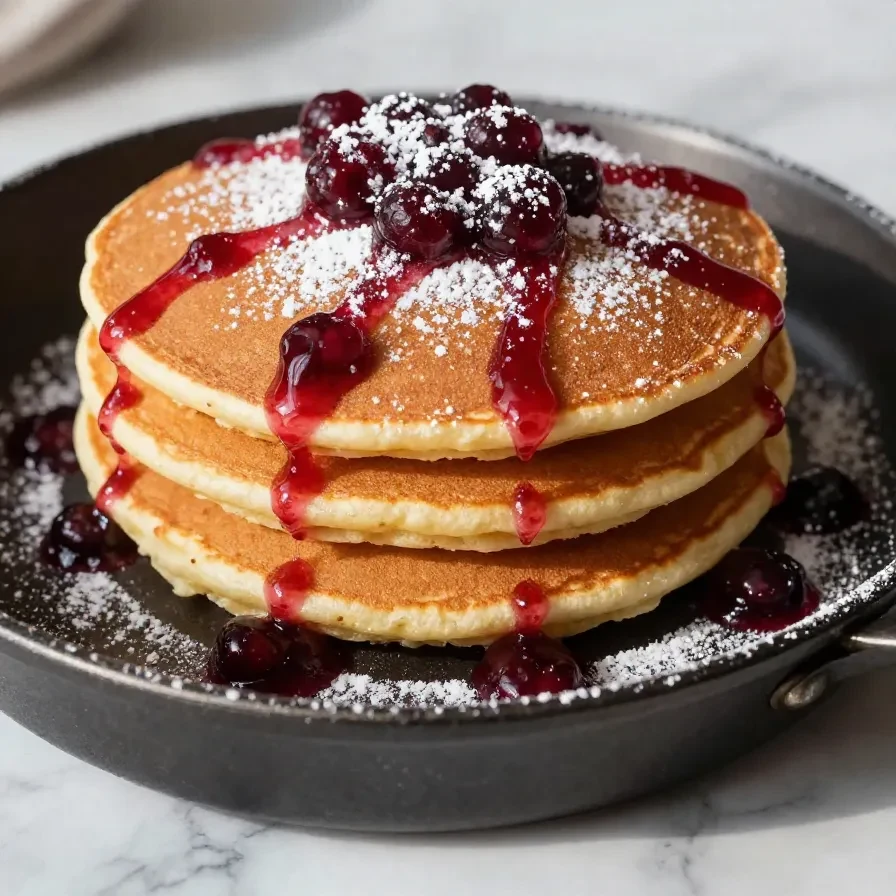 Close-up of a plate of scrambled pancakes topped with fresh berries and syrup.
