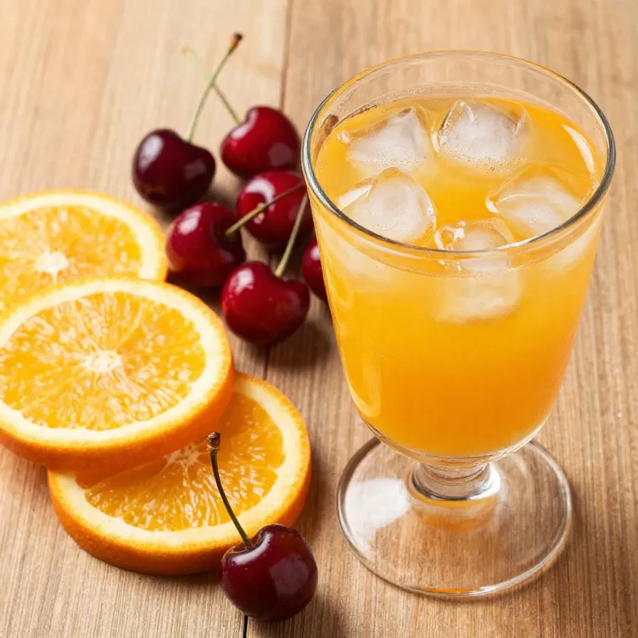 A refreshing glass of Shirley Temple party punch garnished with cherries and orange slices.