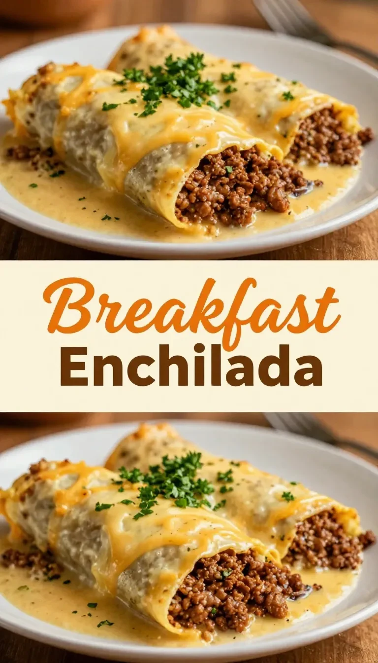 A plate of breakfast enchiladas topped with creamy sausage gravy and garnished with fresh herbs.