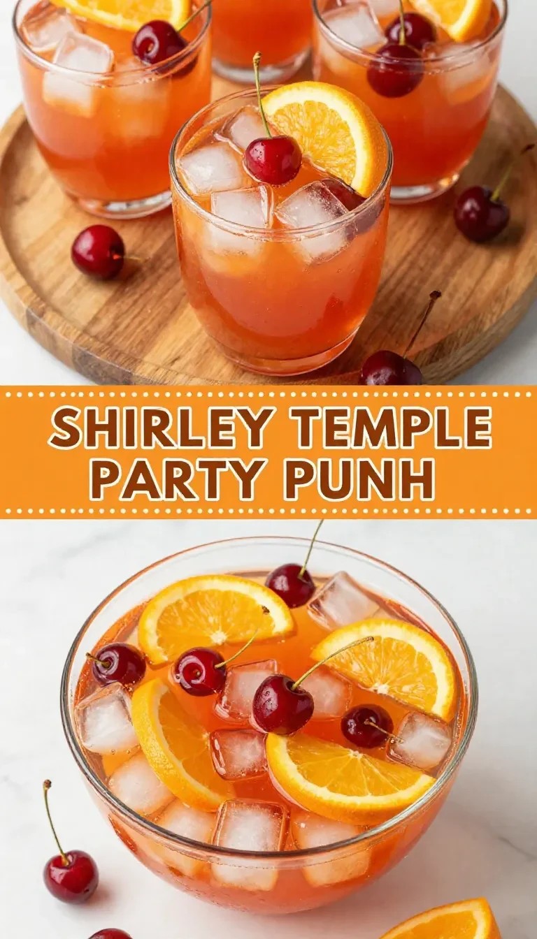 A glass pitcher filled with Shirley Temple Party Punch surrounded by fresh cherries and orange slices.