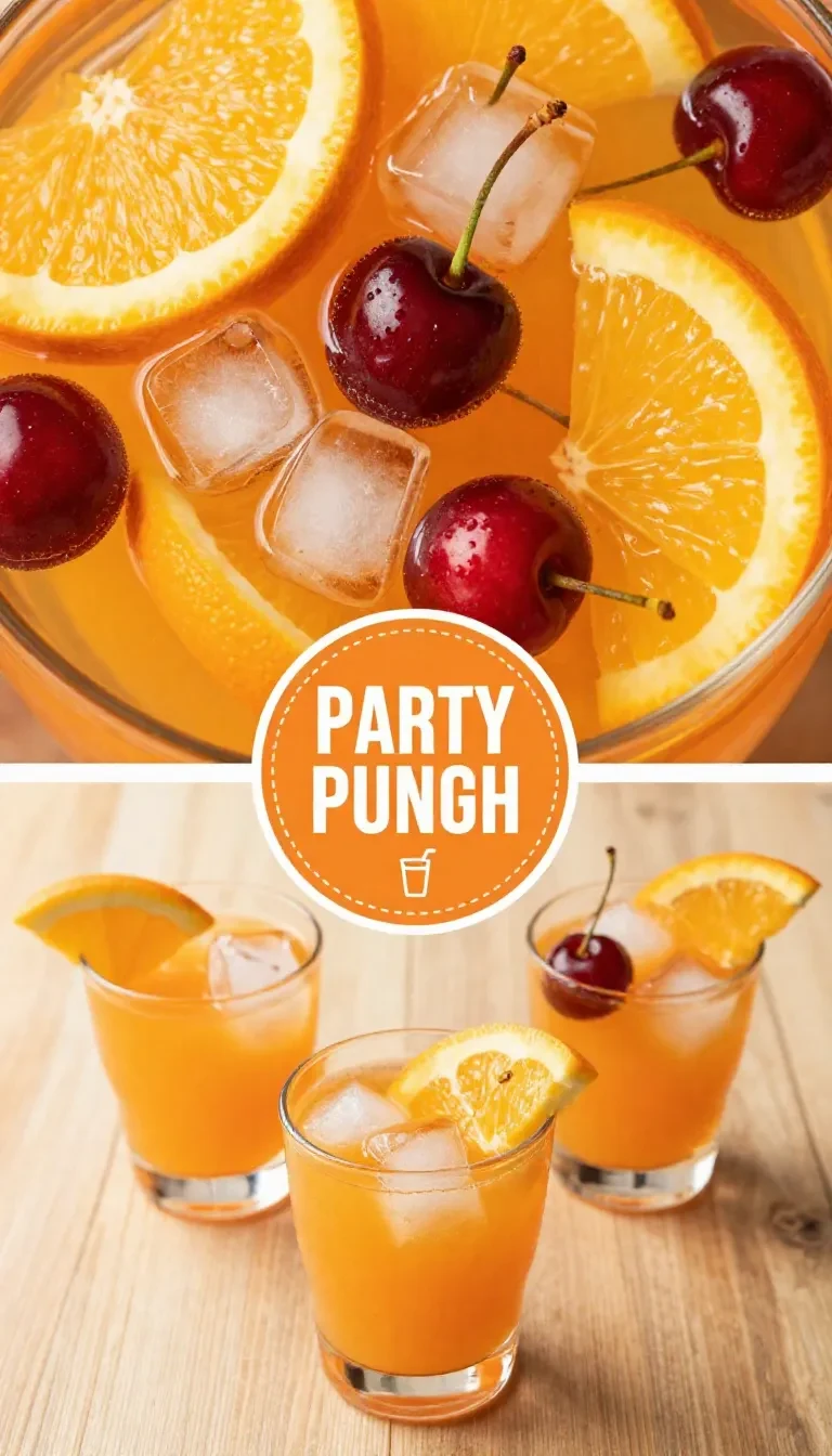 A refreshing glass of Shirley Temple party punch garnished with cherries and orange slices.