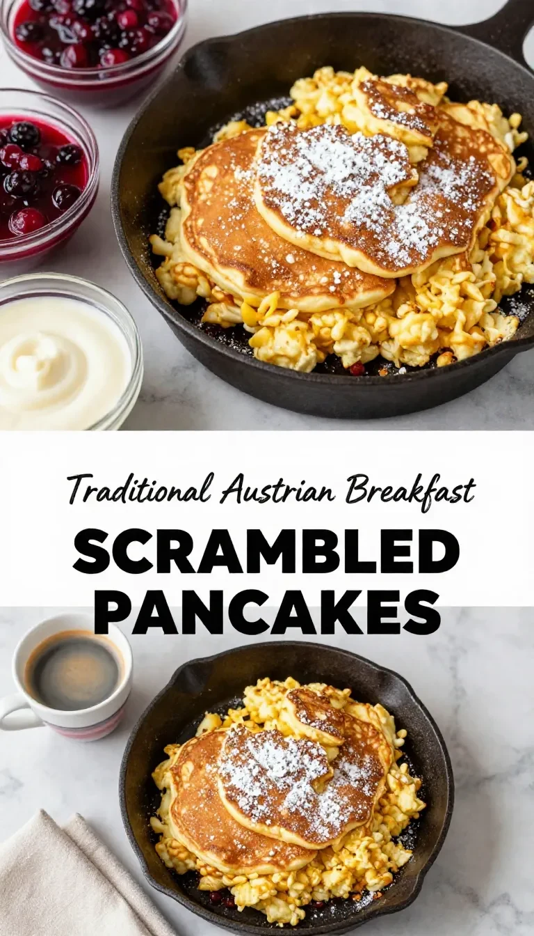 Close-up of a plate of scrambled pancakes topped with fresh berries and syrup.