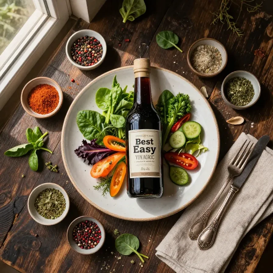 A glass jar filled with homemade balsamic vinaigrette surrounded by fresh salad ingredients.
