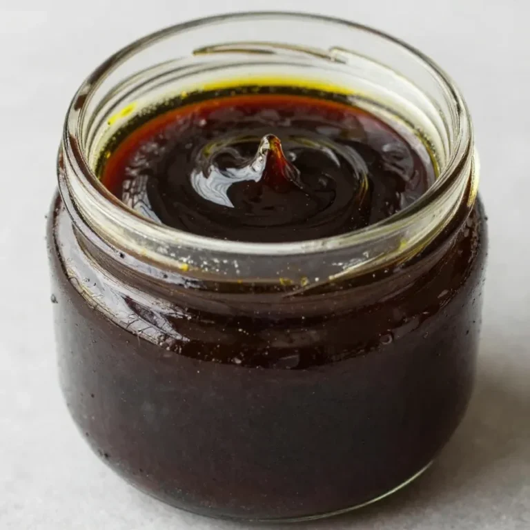 A glass jar filled with homemade balsamic vinaigrette surrounded by fresh ingredients like olive oil, garlic, and herbs.