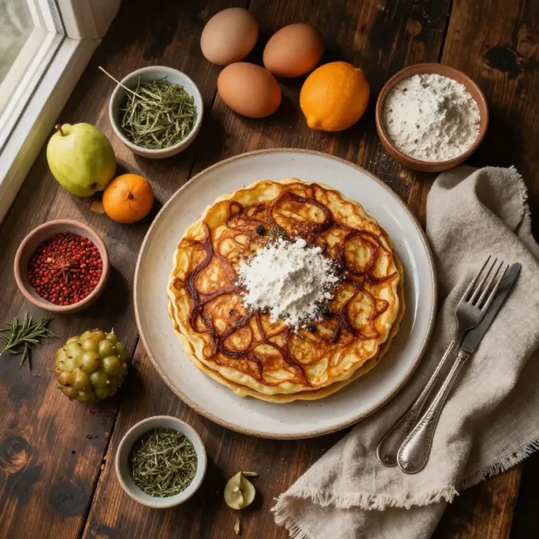 Golden baked German pancake served in a cast iron skillet.