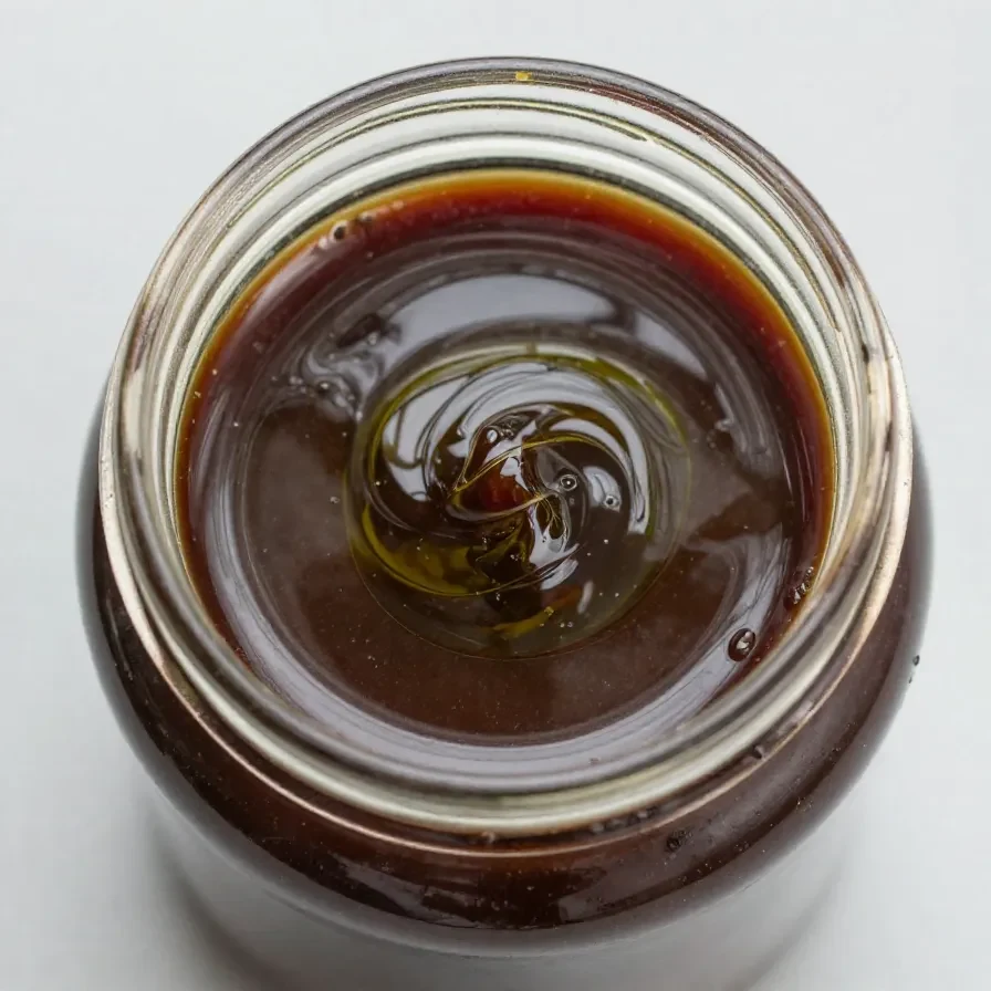 A glass jar filled with homemade balsamic vinaigrette surrounded by fresh ingredients like olive oil, garlic, and herbs.