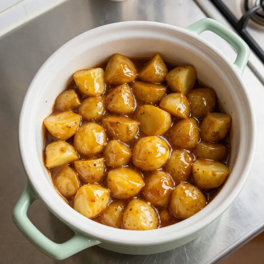 A hearty bowl of swamp potatoes and sausage served with fresh herbs on a wooden table.