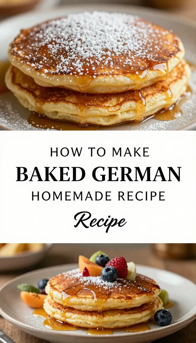Golden baked German pancake served in a cast iron skillet.