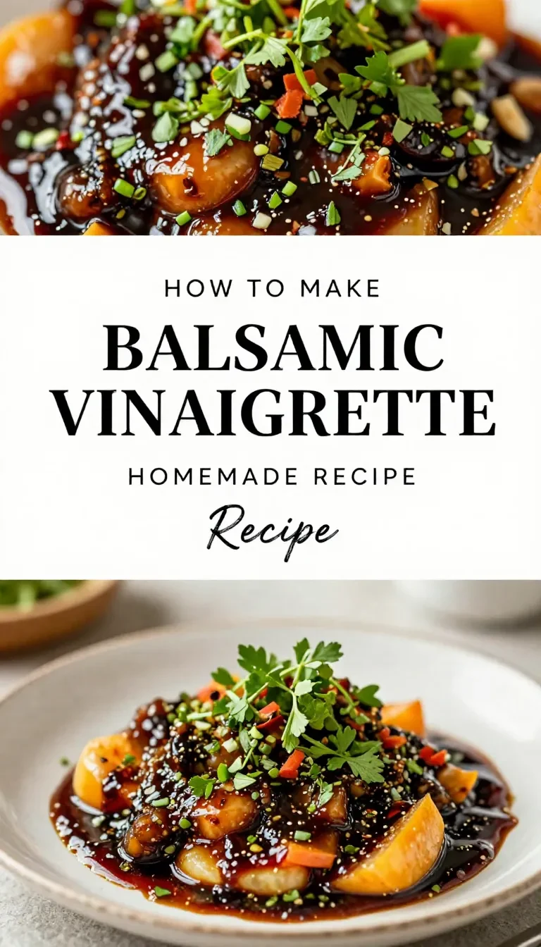 A glass jar filled with homemade balsamic vinaigrette surrounded by fresh salad ingredients.