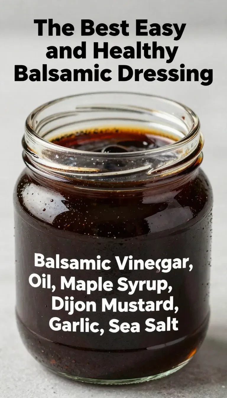 A glass jar filled with homemade balsamic vinaigrette surrounded by fresh ingredients like olive oil, garlic, and herbs.