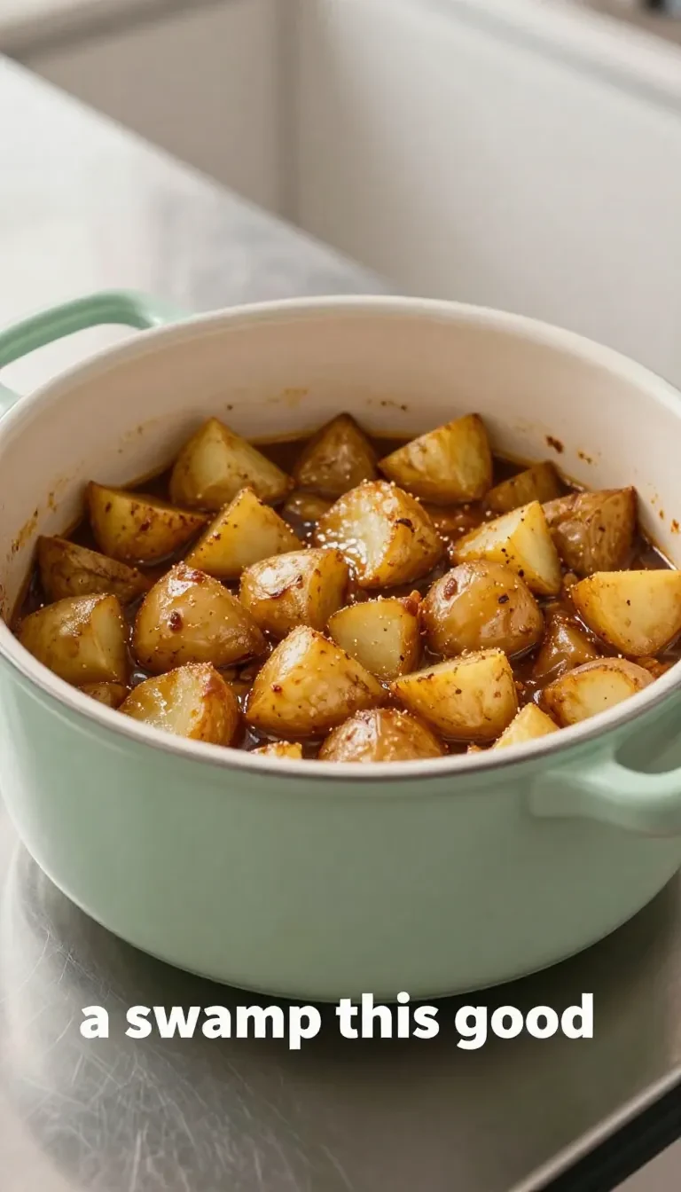 A hearty bowl of swamp potatoes and sausage served with fresh herbs on a wooden table.