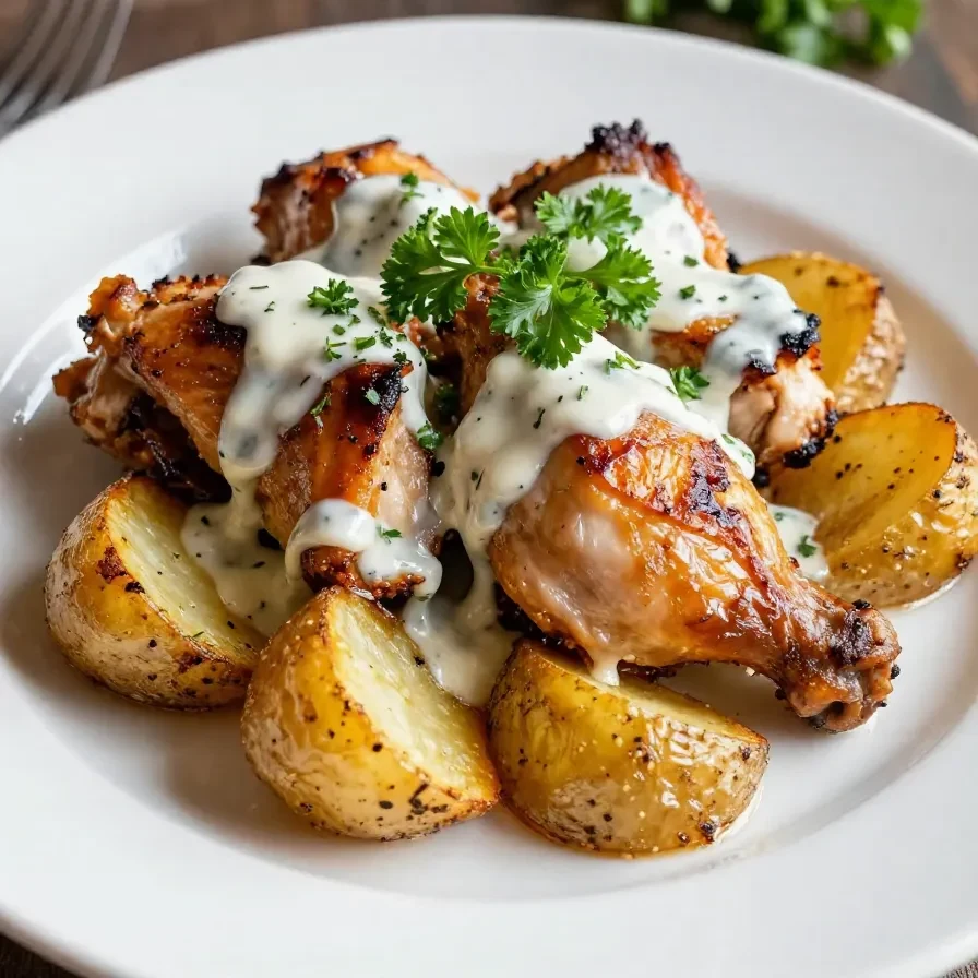 A slow cooker filled with cheesy ranch chicken and potatoes, garnished with parsley.