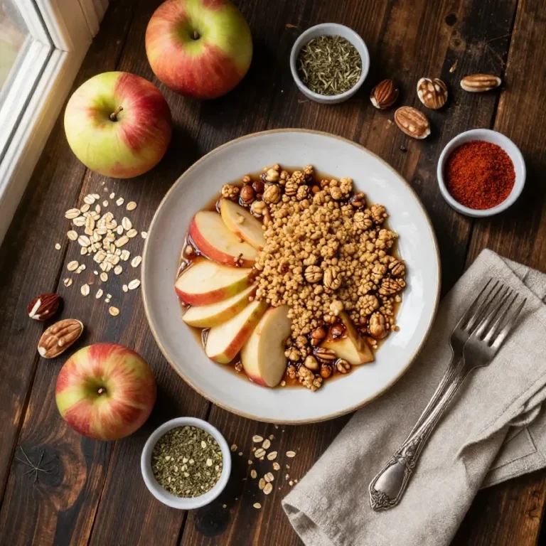 A bowl of healthy apple crumble served with fresh fruits and oats.