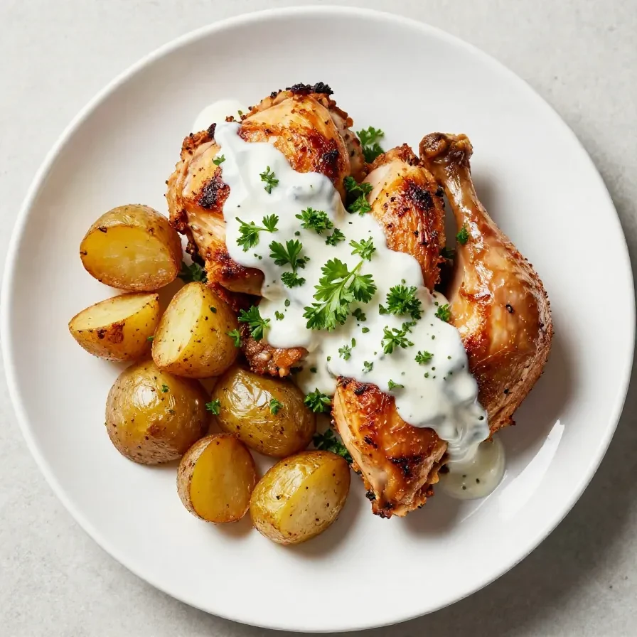 A slow cooker filled with cheesy ranch chicken and potatoes, garnished with parsley.