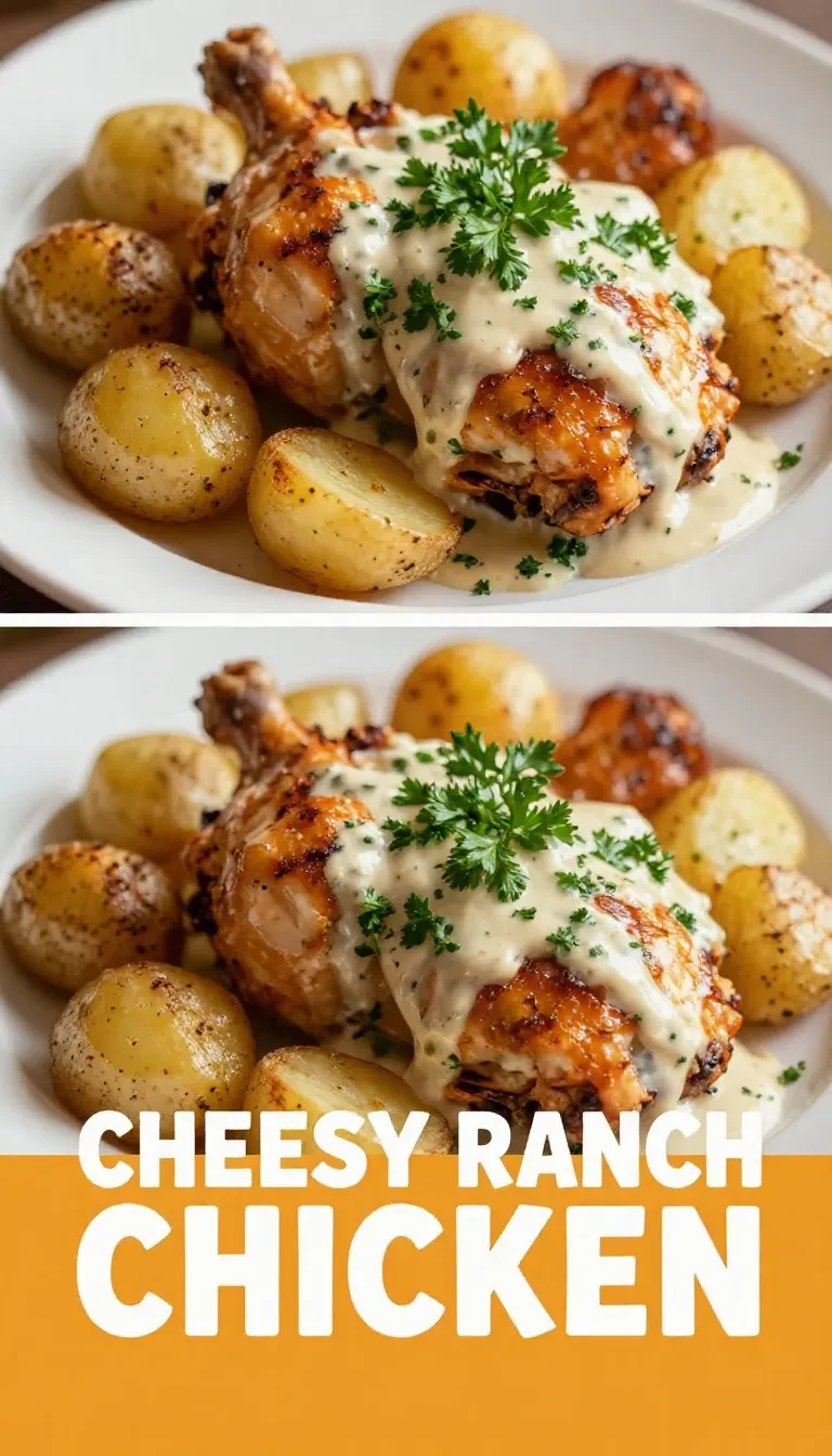 A slow cooker filled with cheesy ranch chicken and potatoes, garnished with parsley.