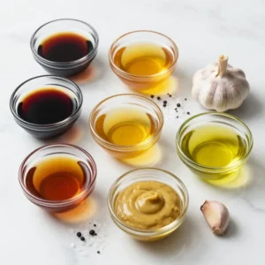 A glass jar filled with homemade balsamic vinaigrette surrounded by fresh ingredients.