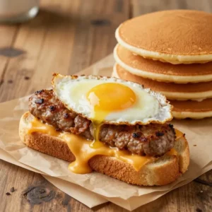 Close-up of a Sausage Egg McGriddle sandwich on a plate with a sunny morning background.