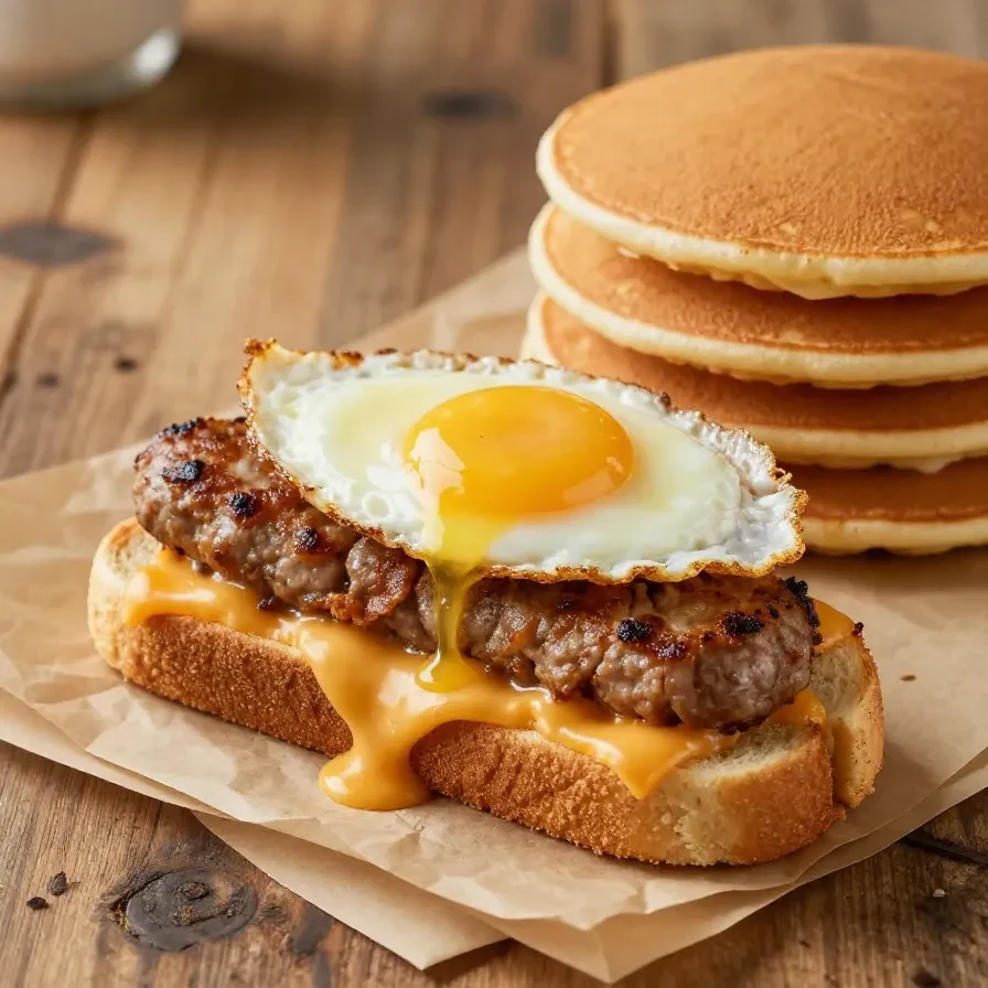 Close-up of a Sausage Egg McGriddle sandwich on a plate with a sunny morning background.